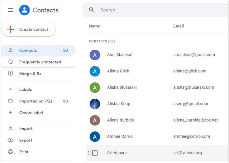 Contacts list in Google