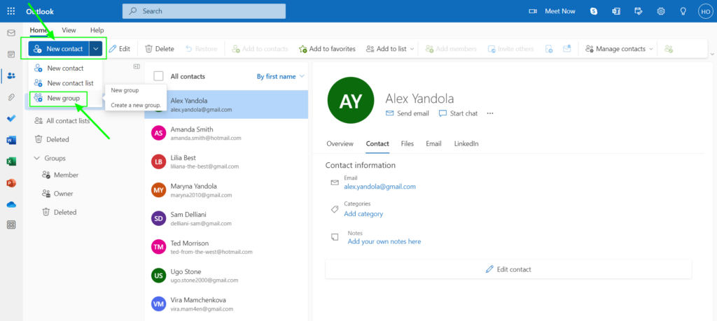 Creating a new group in Outlook