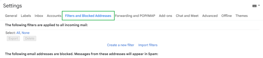 Filters and Blocked Addresses settings