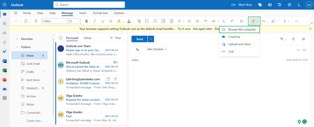 Attaching files to Outlook email