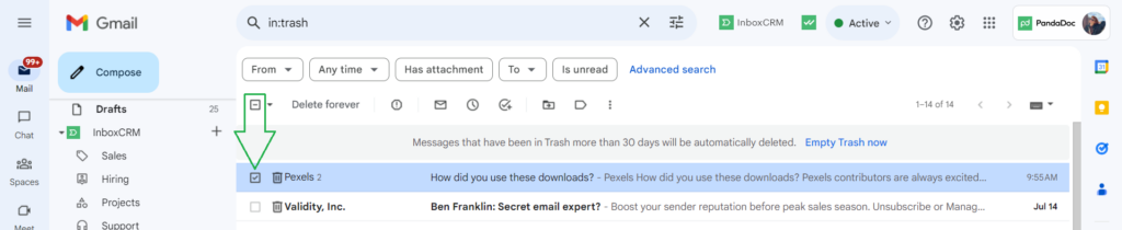 Selecting an email in trash folder