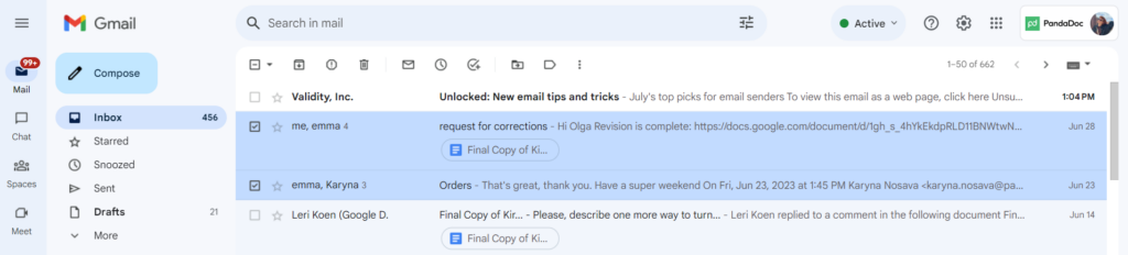 Selected emails in Gmail inbox