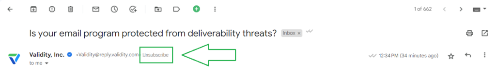 “Unsubscribe” option at the top next to the mail address