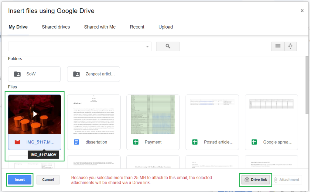 Attaching a video bigger than 25 MB as a link to Google Drive